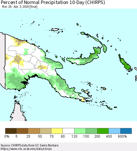 Papua New Guinea Percent of Normal Precipitation 10-Day (CHIRPS) Thematic Map For 3/26/2020 - 4/5/2020