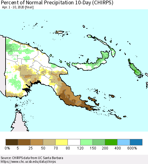 Papua New Guinea Percent of Normal Precipitation 10-Day (CHIRPS) Thematic Map For 4/1/2020 - 4/10/2020
