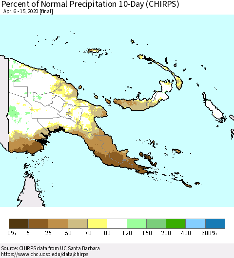 Papua New Guinea Percent of Normal Precipitation 10-Day (CHIRPS) Thematic Map For 4/6/2020 - 4/15/2020