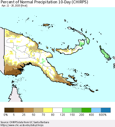 Papua New Guinea Percent of Normal Precipitation 10-Day (CHIRPS) Thematic Map For 4/11/2020 - 4/20/2020
