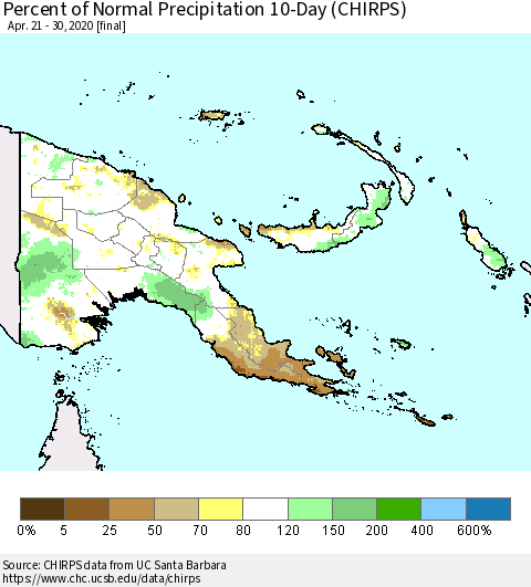 Papua New Guinea Percent of Normal Precipitation 10-Day (CHIRPS) Thematic Map For 4/21/2020 - 4/30/2020