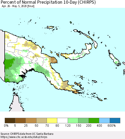 Papua New Guinea Percent of Normal Precipitation 10-Day (CHIRPS) Thematic Map For 4/26/2020 - 5/5/2020
