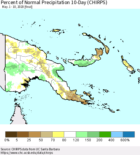 Papua New Guinea Percent of Normal Precipitation 10-Day (CHIRPS) Thematic Map For 5/1/2020 - 5/10/2020