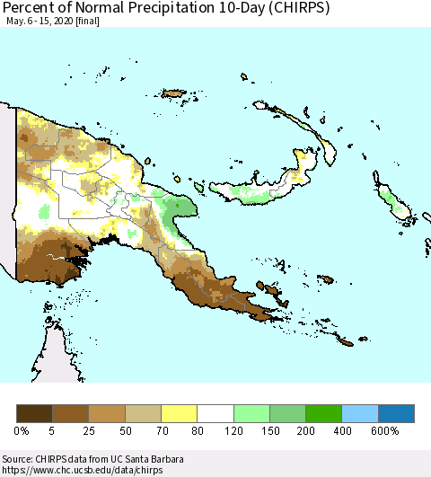 Papua New Guinea Percent of Normal Precipitation 10-Day (CHIRPS) Thematic Map For 5/6/2020 - 5/15/2020