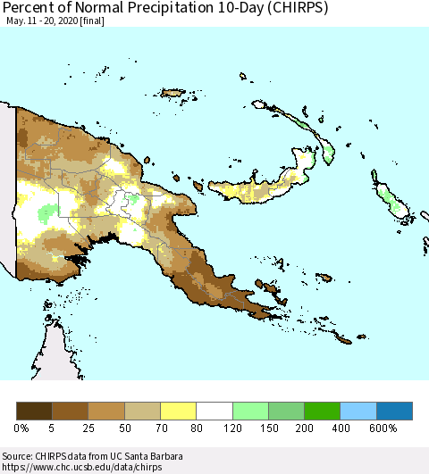 Papua New Guinea Percent of Normal Precipitation 10-Day (CHIRPS) Thematic Map For 5/11/2020 - 5/20/2020