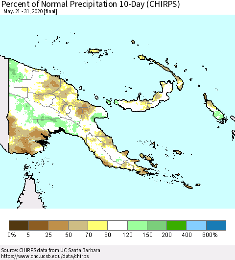 Papua New Guinea Percent of Normal Precipitation 10-Day (CHIRPS) Thematic Map For 5/21/2020 - 5/31/2020