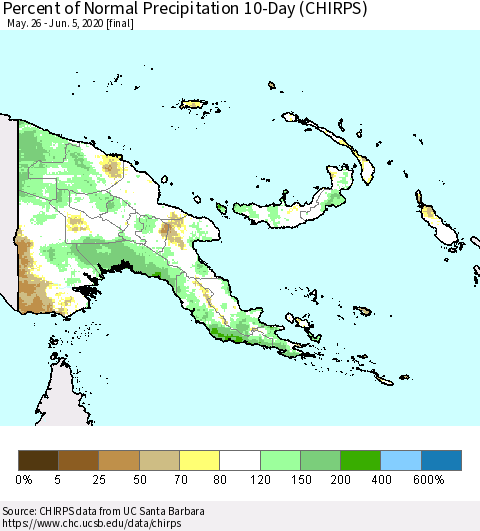 Papua New Guinea Percent of Normal Precipitation 10-Day (CHIRPS) Thematic Map For 5/26/2020 - 6/5/2020