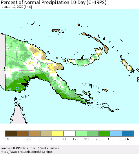 Papua New Guinea Percent of Normal Precipitation 10-Day (CHIRPS) Thematic Map For 6/1/2020 - 6/10/2020