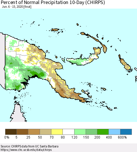 Papua New Guinea Percent of Normal Precipitation 10-Day (CHIRPS) Thematic Map For 6/6/2020 - 6/15/2020