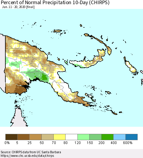 Papua New Guinea Percent of Normal Precipitation 10-Day (CHIRPS) Thematic Map For 6/11/2020 - 6/20/2020