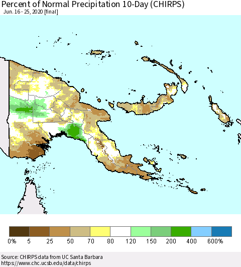 Papua New Guinea Percent of Normal Precipitation 10-Day (CHIRPS) Thematic Map For 6/16/2020 - 6/25/2020