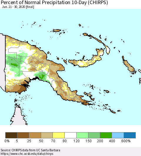 Papua New Guinea Percent of Normal Precipitation 10-Day (CHIRPS) Thematic Map For 6/21/2020 - 6/30/2020