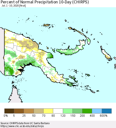 Papua New Guinea Percent of Normal Precipitation 10-Day (CHIRPS) Thematic Map For 7/1/2020 - 7/10/2020