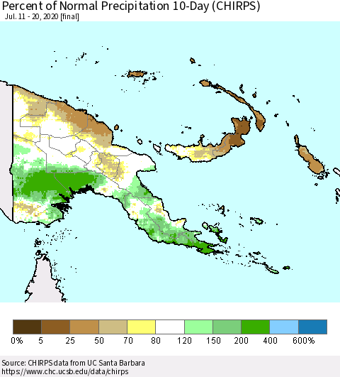 Papua New Guinea Percent of Normal Precipitation 10-Day (CHIRPS) Thematic Map For 7/11/2020 - 7/20/2020