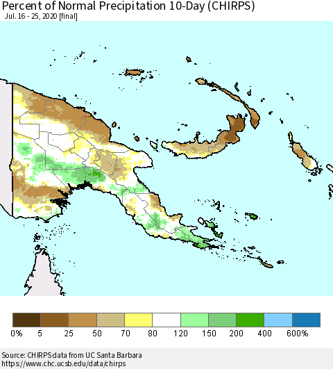 Papua New Guinea Percent of Normal Precipitation 10-Day (CHIRPS) Thematic Map For 7/16/2020 - 7/25/2020
