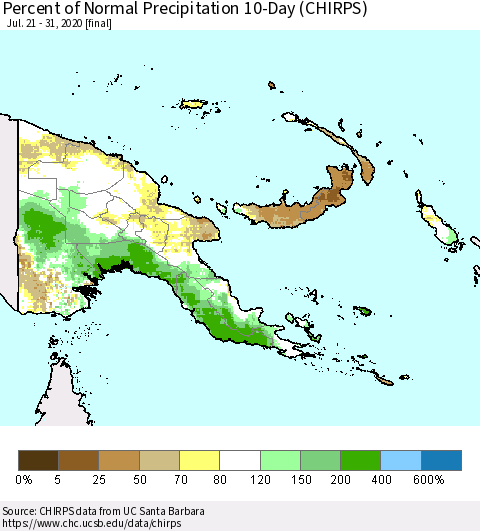 Papua New Guinea Percent of Normal Precipitation 10-Day (CHIRPS) Thematic Map For 7/21/2020 - 7/31/2020