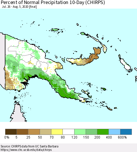 Papua New Guinea Percent of Normal Precipitation 10-Day (CHIRPS) Thematic Map For 7/26/2020 - 8/5/2020