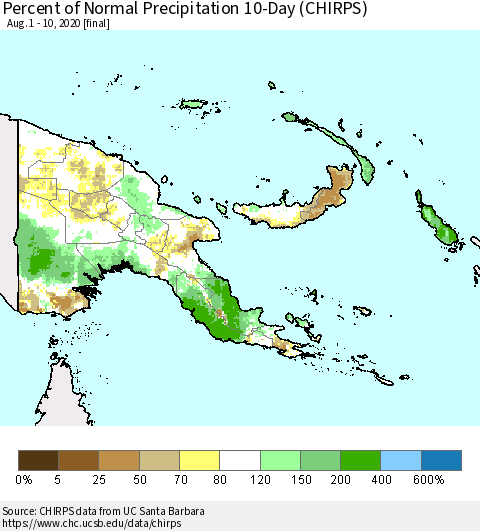 Papua New Guinea Percent of Normal Precipitation 10-Day (CHIRPS) Thematic Map For 8/1/2020 - 8/10/2020