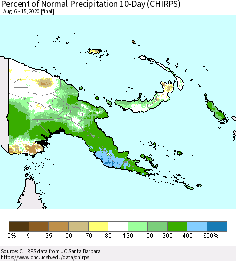Papua New Guinea Percent of Normal Precipitation 10-Day (CHIRPS) Thematic Map For 8/6/2020 - 8/15/2020