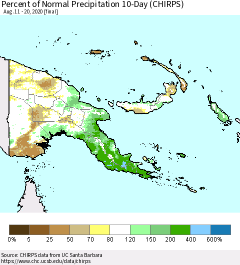 Papua New Guinea Percent of Normal Precipitation 10-Day (CHIRPS) Thematic Map For 8/11/2020 - 8/20/2020