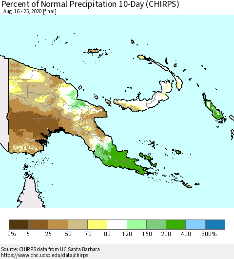 Papua New Guinea Percent of Normal Precipitation 10-Day (CHIRPS) Thematic Map For 8/16/2020 - 8/25/2020