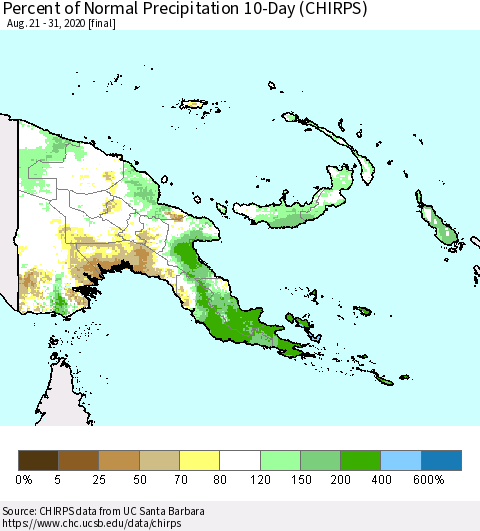 Papua New Guinea Percent of Normal Precipitation 10-Day (CHIRPS) Thematic Map For 8/21/2020 - 8/31/2020