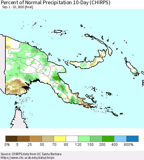 Papua New Guinea Percent of Normal Precipitation 10-Day (CHIRPS) Thematic Map For 9/1/2020 - 9/10/2020