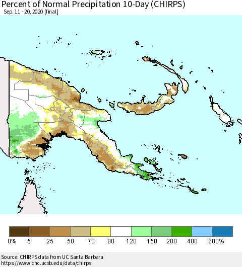 Papua New Guinea Percent of Normal Precipitation 10-Day (CHIRPS) Thematic Map For 9/11/2020 - 9/20/2020