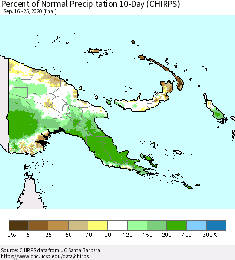Papua New Guinea Percent of Normal Precipitation 10-Day (CHIRPS) Thematic Map For 9/16/2020 - 9/25/2020