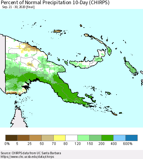 Papua New Guinea Percent of Normal Precipitation 10-Day (CHIRPS) Thematic Map For 9/21/2020 - 9/30/2020