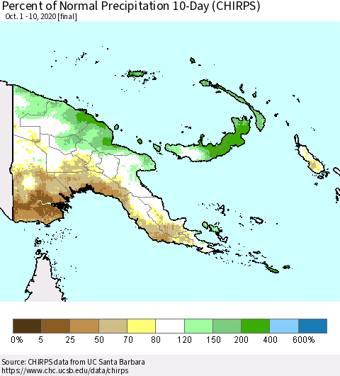 Papua New Guinea Percent of Normal Precipitation 10-Day (CHIRPS) Thematic Map For 10/1/2020 - 10/10/2020