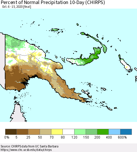 Papua New Guinea Percent of Normal Precipitation 10-Day (CHIRPS) Thematic Map For 10/6/2020 - 10/15/2020