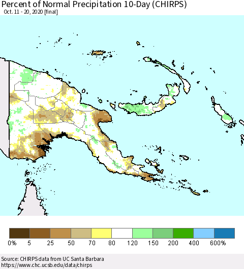 Papua New Guinea Percent of Normal Precipitation 10-Day (CHIRPS) Thematic Map For 10/11/2020 - 10/20/2020