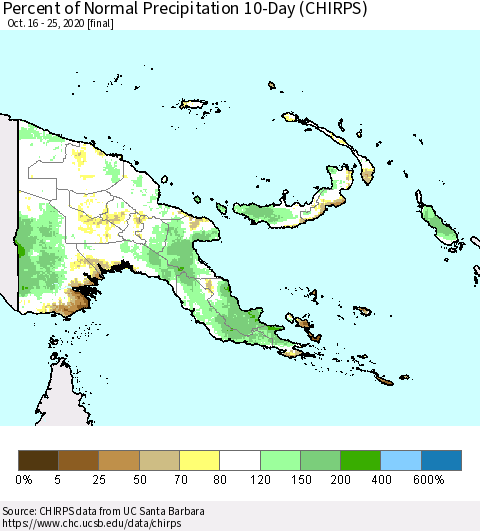 Papua New Guinea Percent of Normal Precipitation 10-Day (CHIRPS) Thematic Map For 10/16/2020 - 10/25/2020