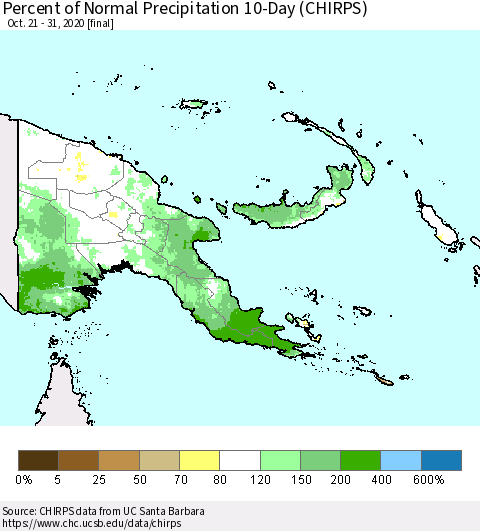 Papua New Guinea Percent of Normal Precipitation 10-Day (CHIRPS) Thematic Map For 10/21/2020 - 10/31/2020