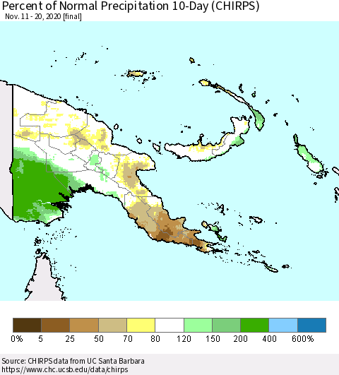 Papua New Guinea Percent of Normal Precipitation 10-Day (CHIRPS) Thematic Map For 11/11/2020 - 11/20/2020
