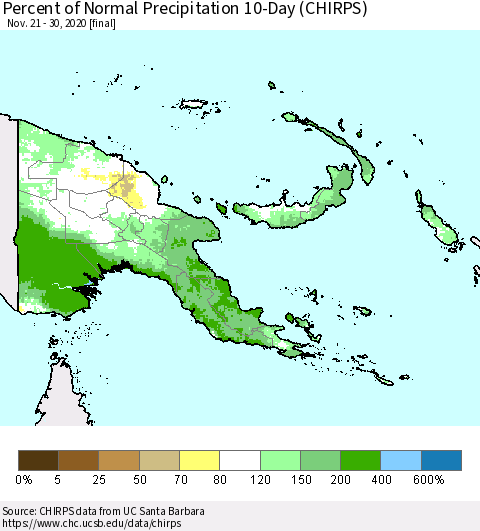 Papua New Guinea Percent of Normal Precipitation 10-Day (CHIRPS) Thematic Map For 11/21/2020 - 11/30/2020