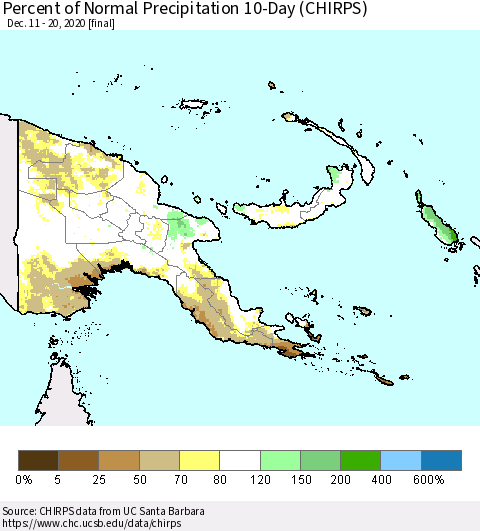 Papua New Guinea Percent of Normal Precipitation 10-Day (CHIRPS) Thematic Map For 12/11/2020 - 12/20/2020
