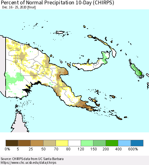 Papua New Guinea Percent of Normal Precipitation 10-Day (CHIRPS) Thematic Map For 12/16/2020 - 12/25/2020