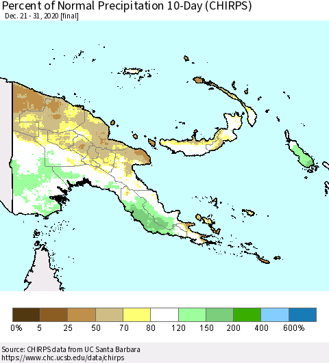 Papua New Guinea Percent of Normal Precipitation 10-Day (CHIRPS) Thematic Map For 12/21/2020 - 12/31/2020