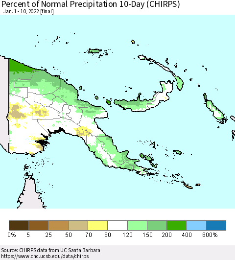 Papua New Guinea Percent of Normal Precipitation 10-Day (CHIRPS) Thematic Map For 1/1/2022 - 1/10/2022