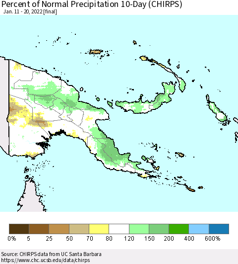 Papua New Guinea Percent of Normal Precipitation 10-Day (CHIRPS) Thematic Map For 1/11/2022 - 1/20/2022