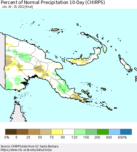 Papua New Guinea Percent of Normal Precipitation 10-Day (CHIRPS) Thematic Map For 1/16/2022 - 1/25/2022
