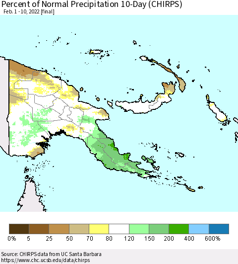 Papua New Guinea Percent of Normal Precipitation 10-Day (CHIRPS) Thematic Map For 2/1/2022 - 2/10/2022