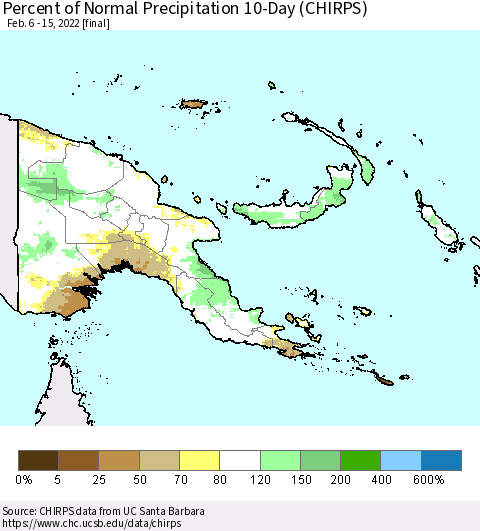 Papua New Guinea Percent of Normal Precipitation 10-Day (CHIRPS) Thematic Map For 2/6/2022 - 2/15/2022