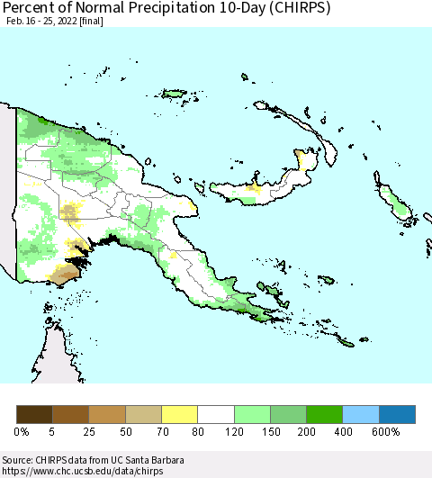 Papua New Guinea Percent of Normal Precipitation 10-Day (CHIRPS) Thematic Map For 2/16/2022 - 2/25/2022