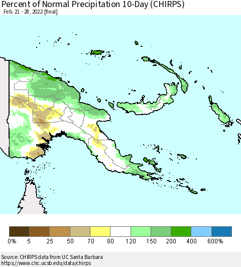 Papua New Guinea Percent of Normal Precipitation 10-Day (CHIRPS) Thematic Map For 2/21/2022 - 2/28/2022