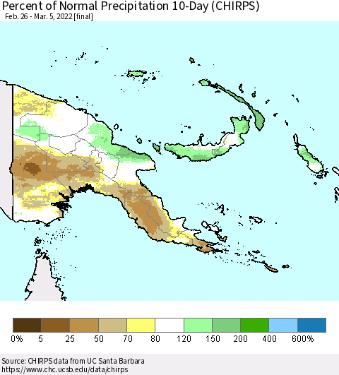 Papua New Guinea Percent of Normal Precipitation 10-Day (CHIRPS) Thematic Map For 2/26/2022 - 3/5/2022
