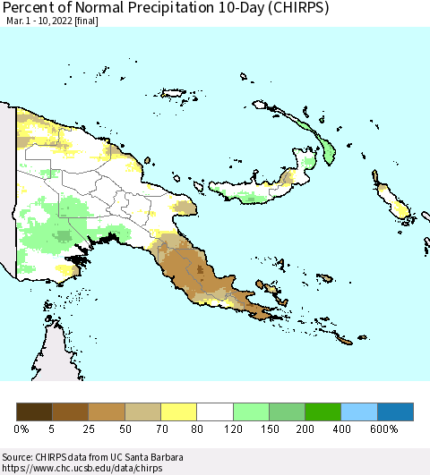 Papua New Guinea Percent of Normal Precipitation 10-Day (CHIRPS) Thematic Map For 3/1/2022 - 3/10/2022