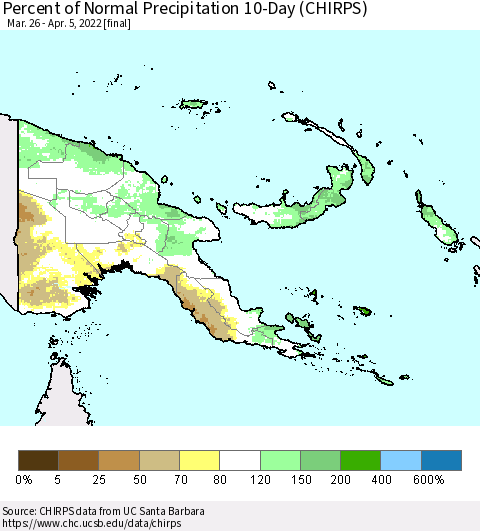 Papua New Guinea Percent of Normal Precipitation 10-Day (CHIRPS) Thematic Map For 3/26/2022 - 4/5/2022